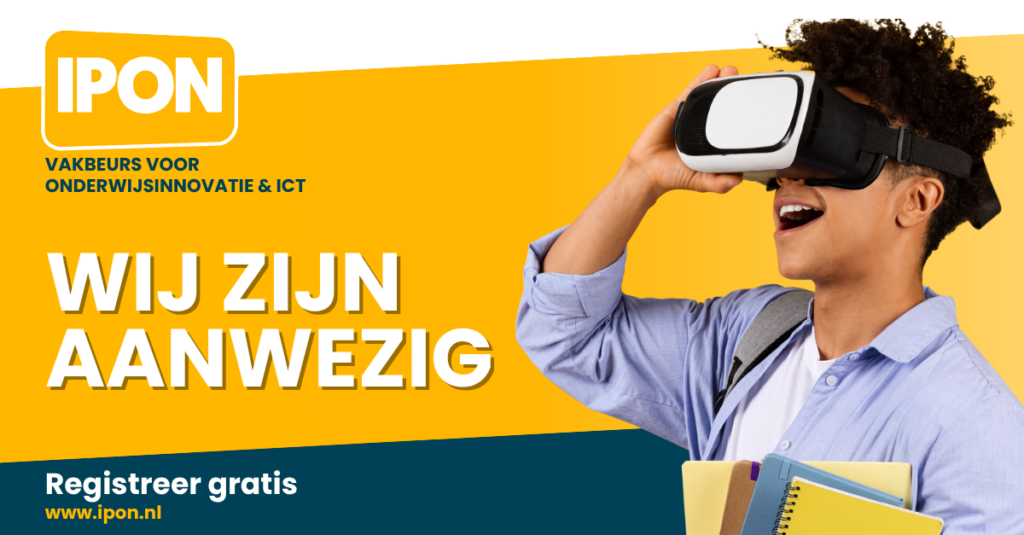 jongen met VR bril die kijkt naar het logo van de IPON 2026